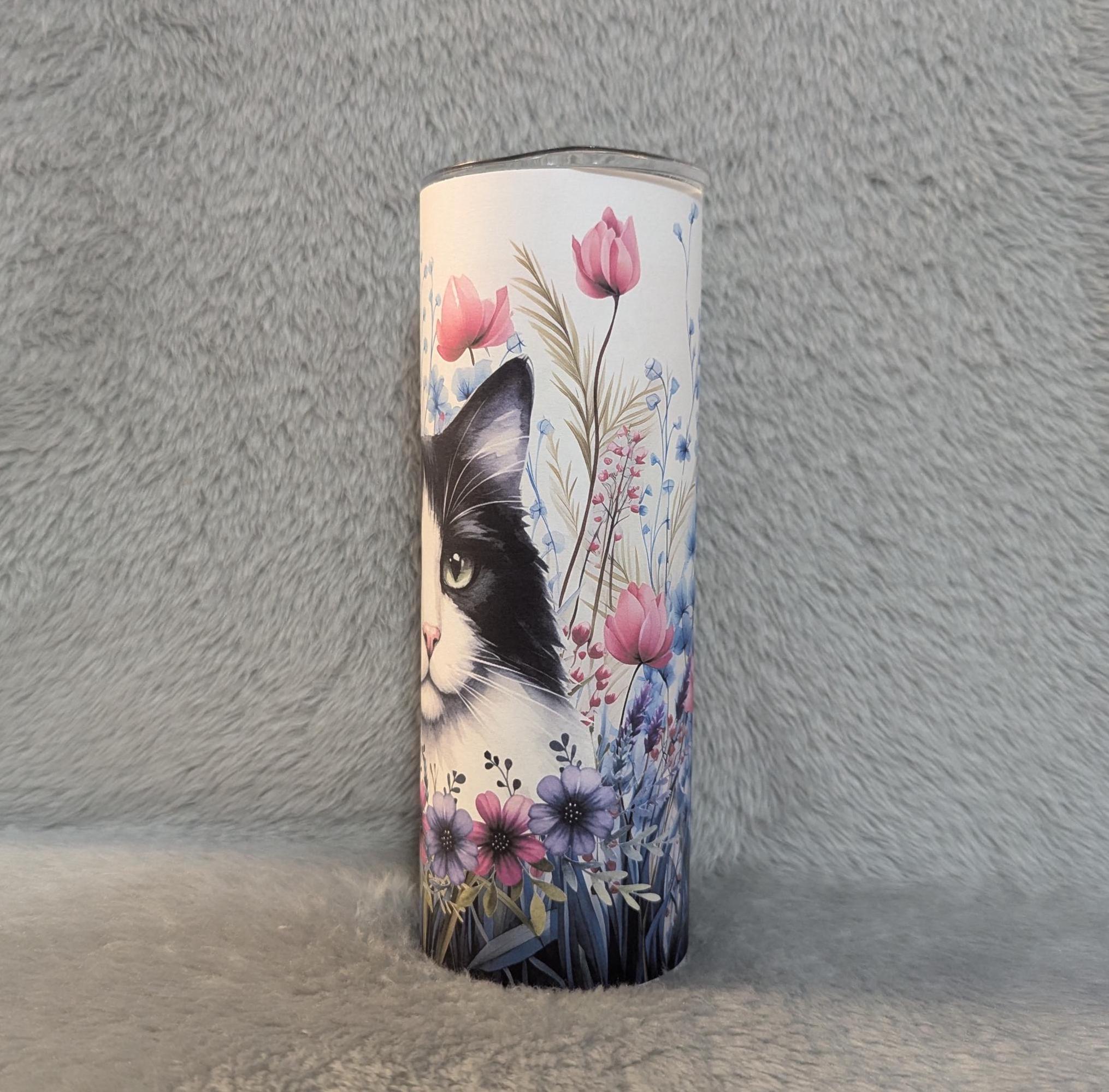 Floral Cat Tumbler 20oz With Reusable Straw, Can Be Personalized