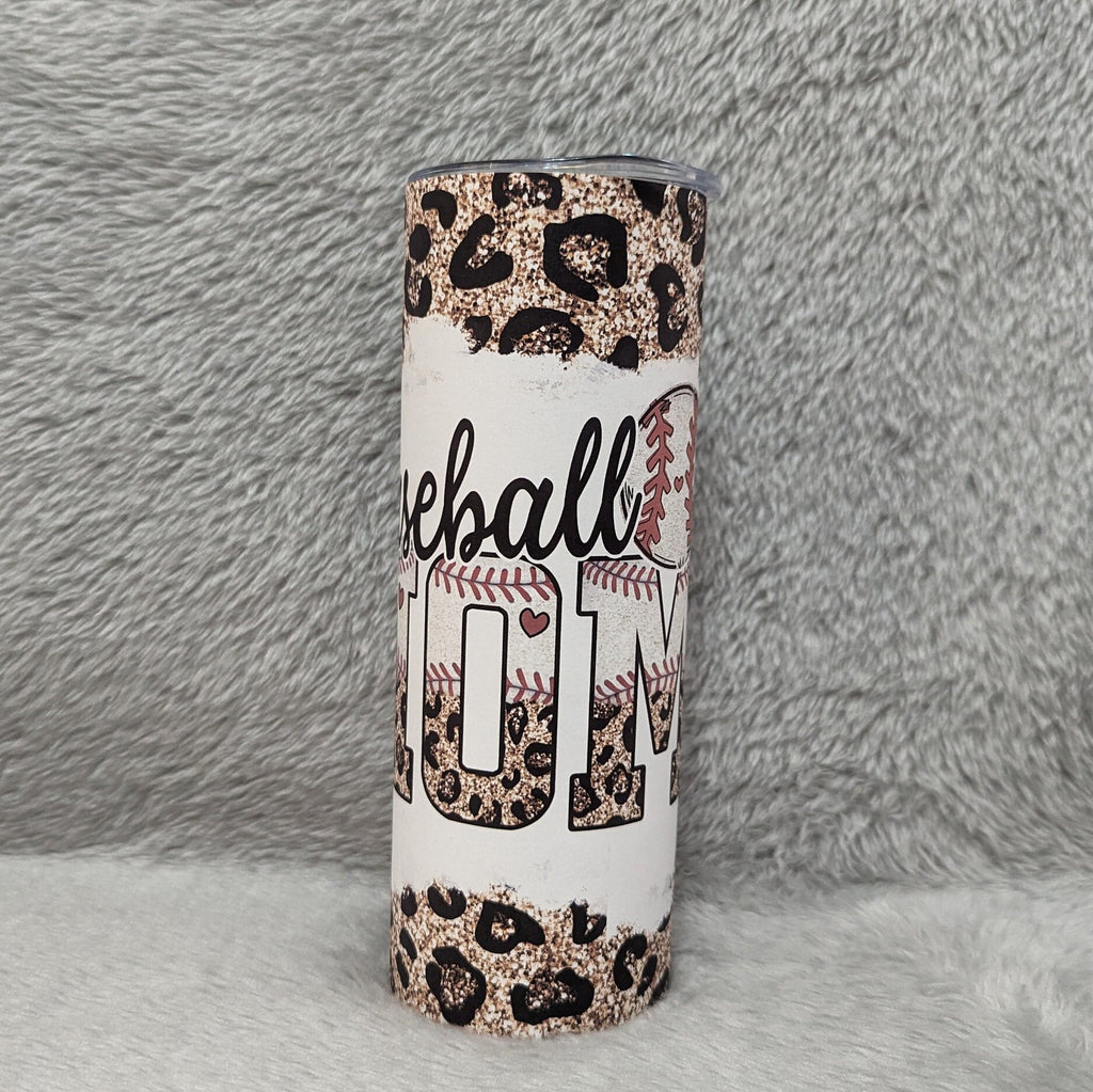Baseball Mom Tumbler with Leopard Print and A Glitter  Design 20oz With Reusable Straw