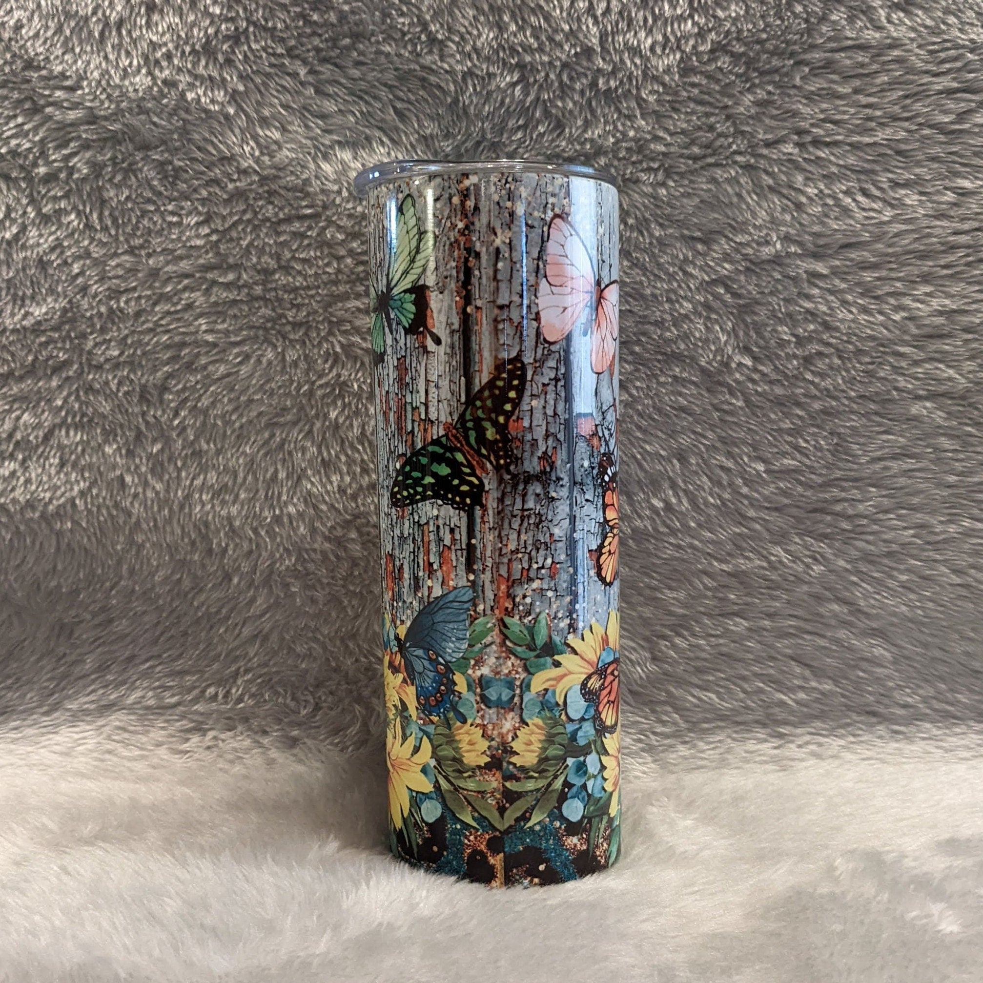 Butterflies and Sunflowers Tumbler 20oz With Reusable Straw, Can Be Personalized