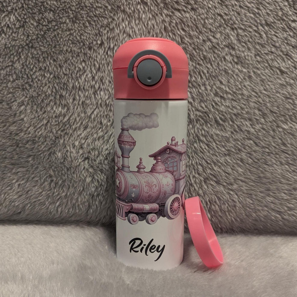 Kids Pink Train Water Bottle 12oz With Reusable Straw Can Be Personalized