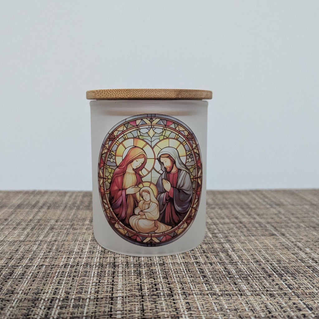Stained Glass Design Nativity Scene Candle Holder With A Battery Operated Flickering Tea Light