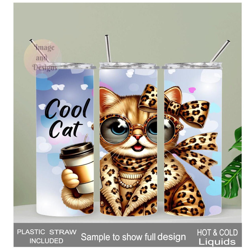 Fun Cool Cat Tumbler 20oz With Reusable Straw, Can Be Personalized