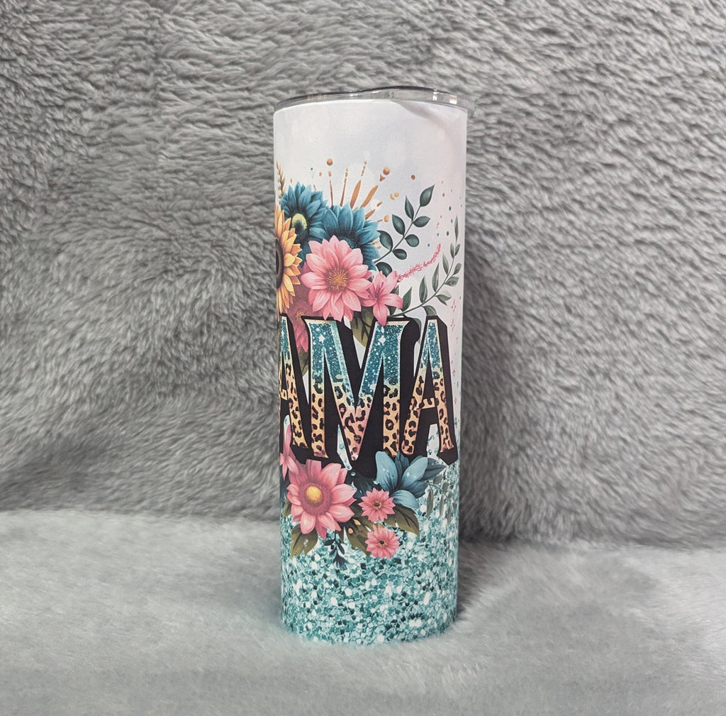 MAMA Tumbler With Flowers and A Glitter Design 20oz With Reusable Straw