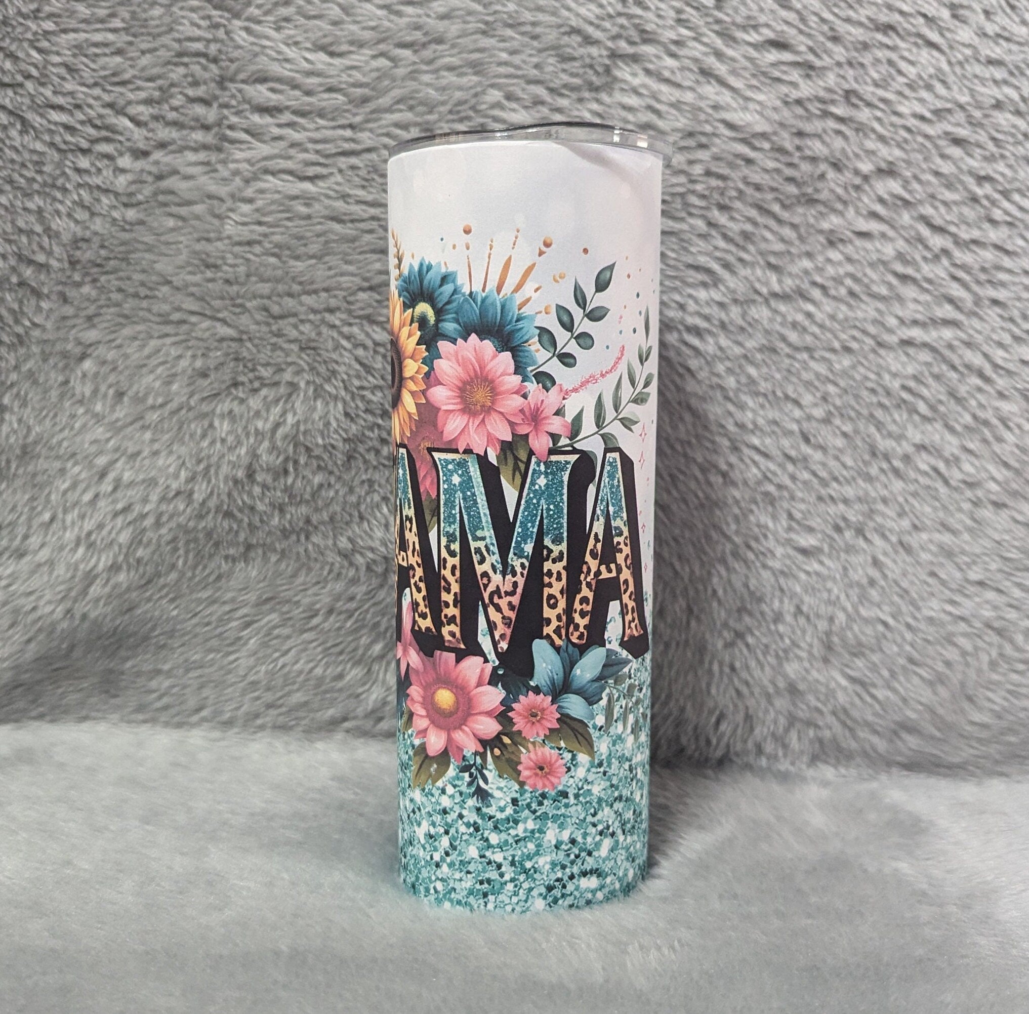MAMA Tumbler With Flowers and A Glitter Design 20oz With Reusable Straw