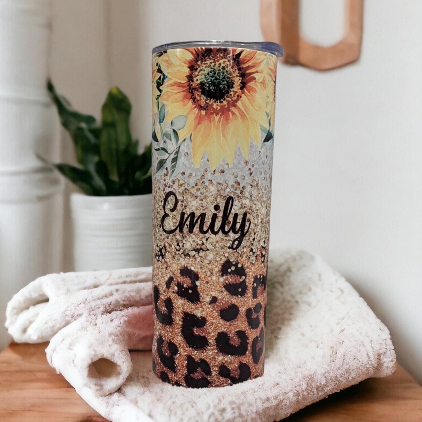 Sunflower Tumbler With Sunflowers Glitter Design and Leopard Print 20oz With Reusable Straw, Can Be Personalized