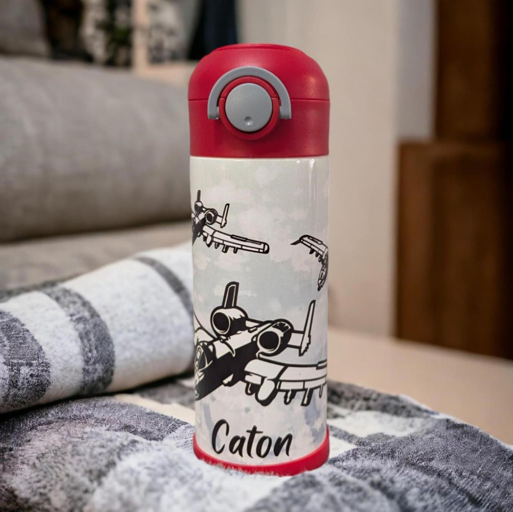 Kids A -10 Airplane Water Bottle 12oz With Reusable Straw Can Be Personalized