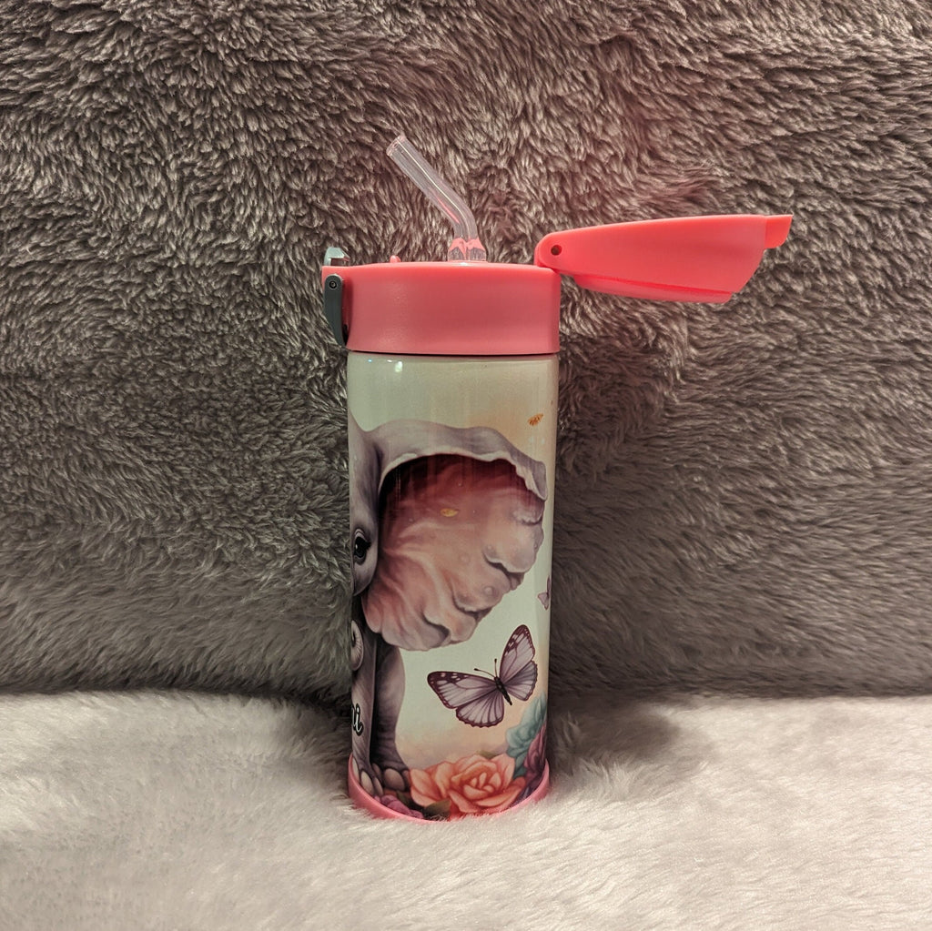 Kids Elephant Water Bottle 12oz With Reusable Straw Can Be Personalized