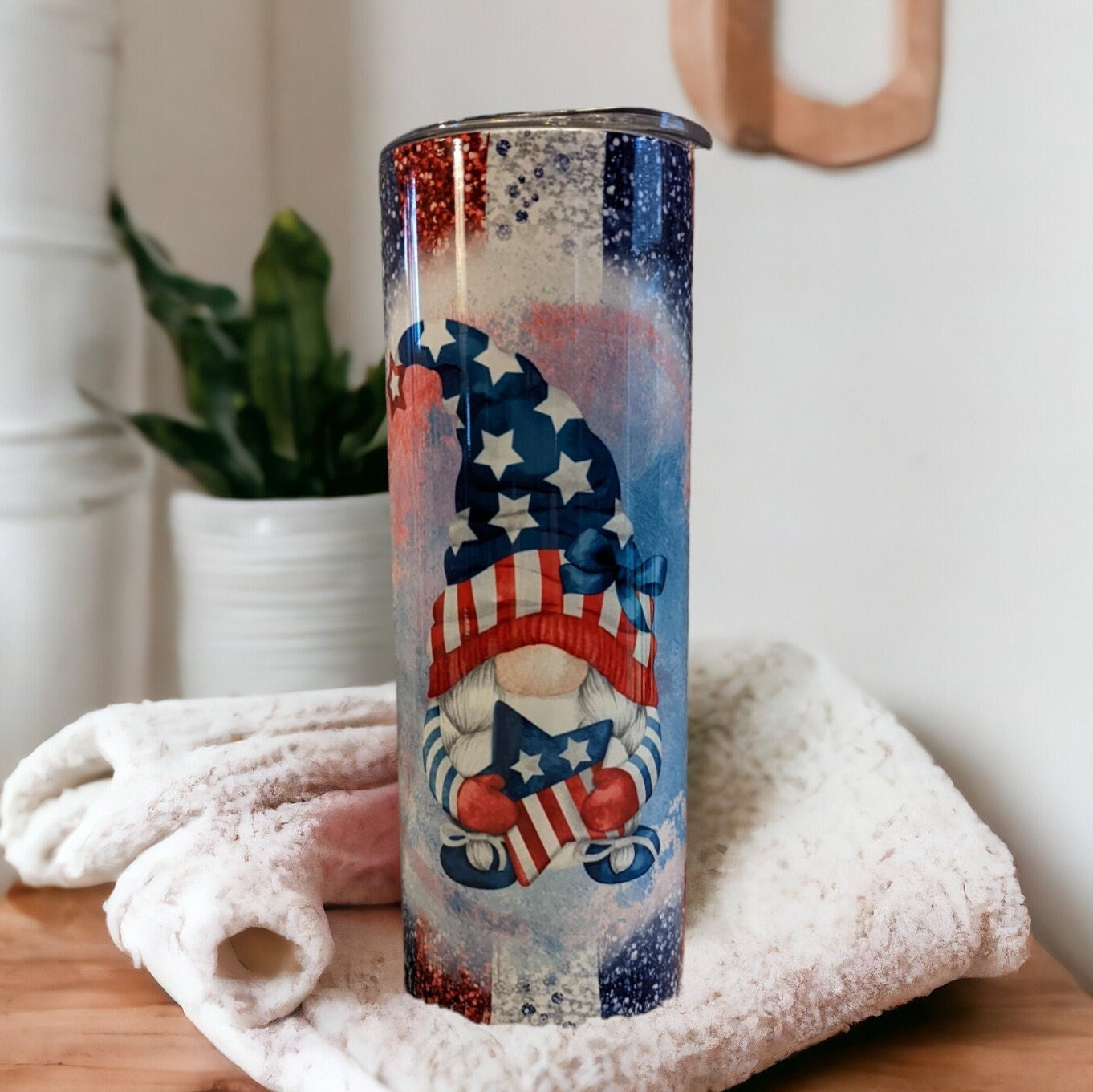Patriotic Gnome Tumbler 20oz With Reusable Straw, Can Be Personalized