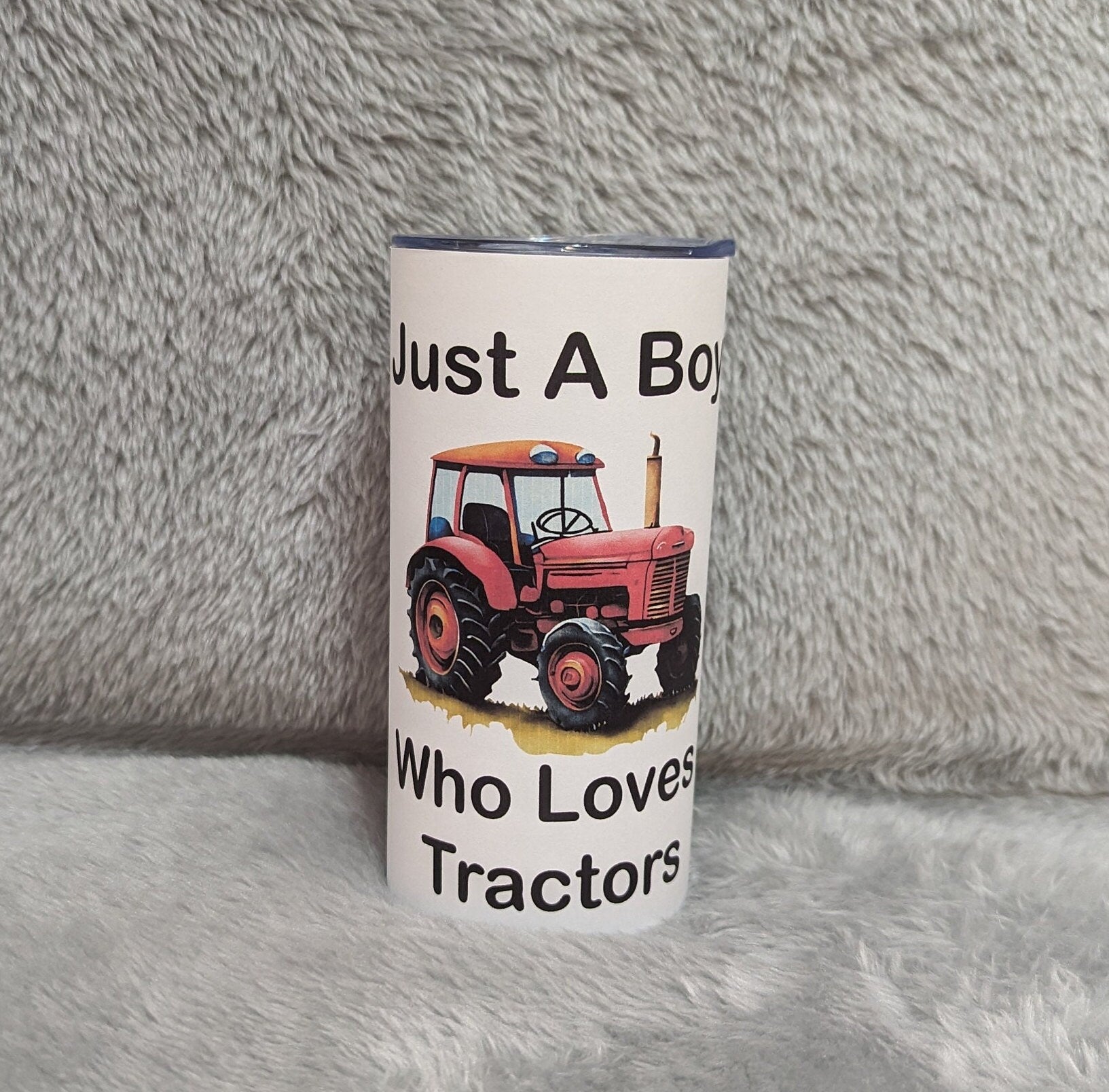 Just A Boy Who Loves Tractors Kids Tumbler 15oz With Reusable Straw, Can Be Personalized