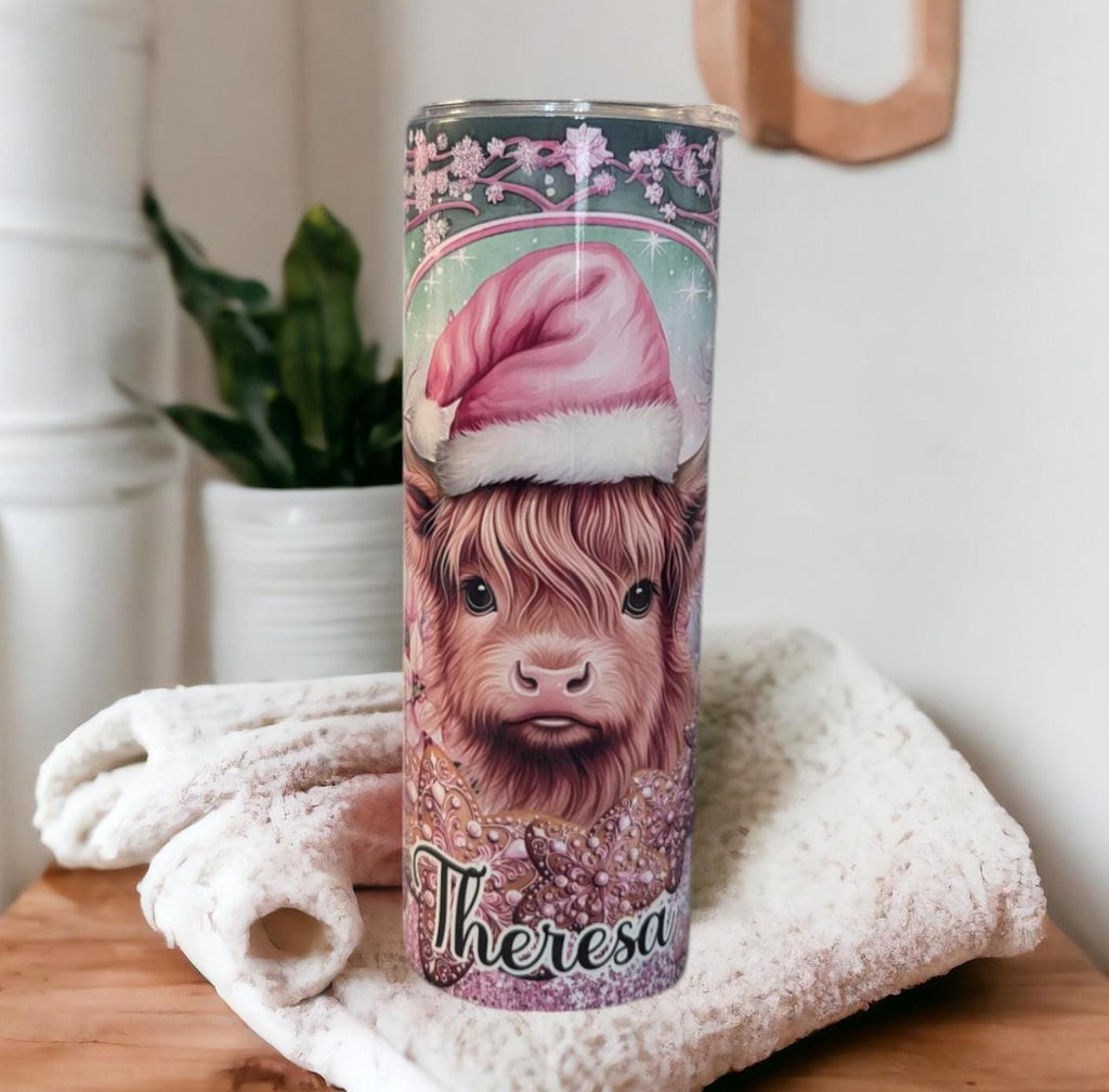 Christmas Highland Cow Tumbler 20oz With Reusable Straw, Can Be Personalized