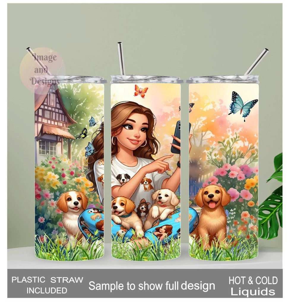 Cute Girl with Puppies Tumbler 20oz With Reusable Straw, Can Be Personalized