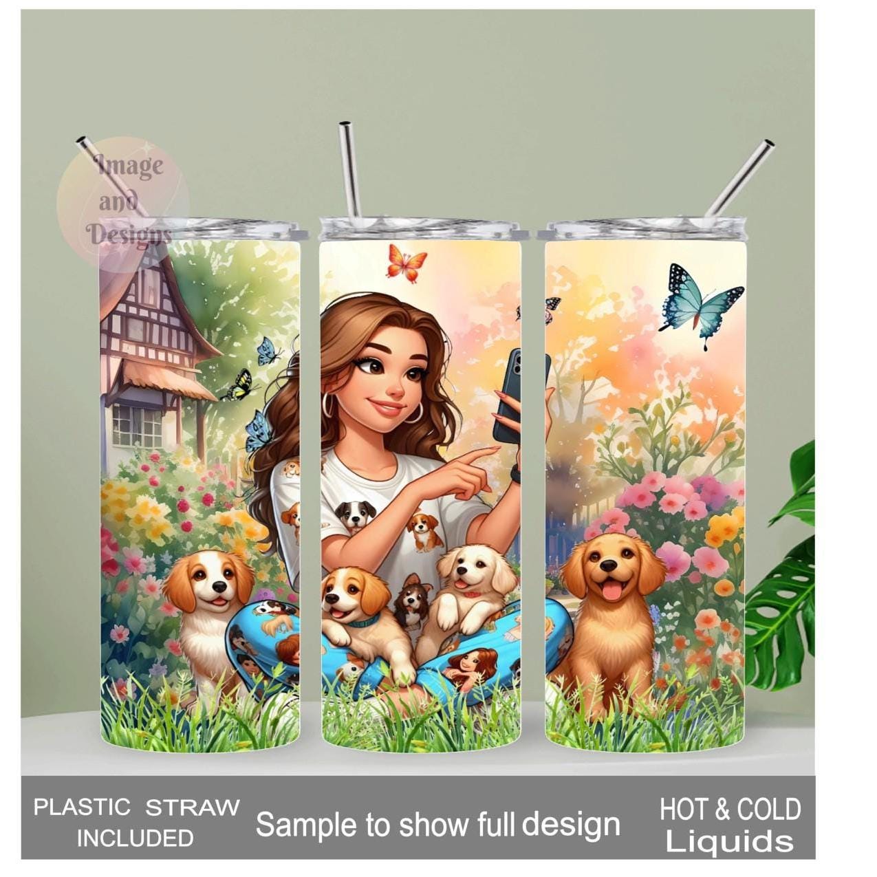 Cute Girl with Puppies Tumbler 20oz With Reusable Straw, Can Be Personalized