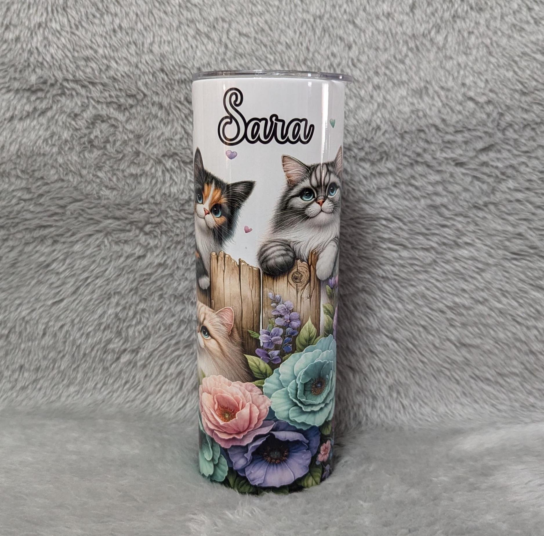 Kitten Tumbler With Cute Kittens Playing by a Fence 20oz With Reusable Straw, Can Be Personalized