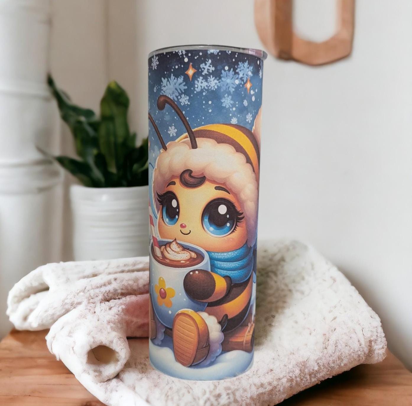 Winter Bee Tumbler 20oz With Reusable Straw, Can Be Personalized