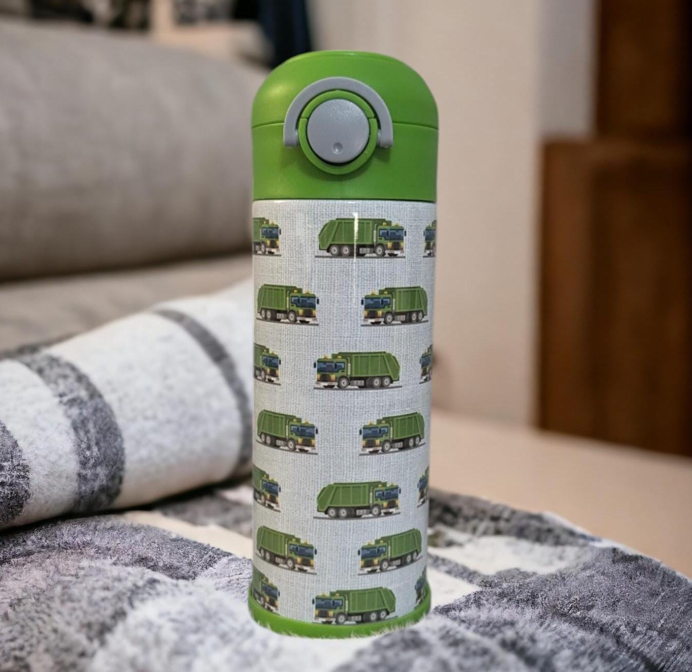 Kids Garbage Truck Water Bottle 12oz With Reusable Straw, Can Be Personalized