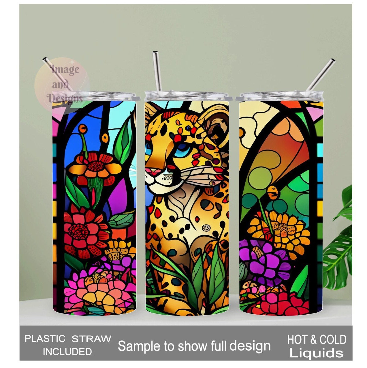 Cheetah Tumbler With A Stained Glass Design 20oz With Reusable Straw, Can Be Personalized