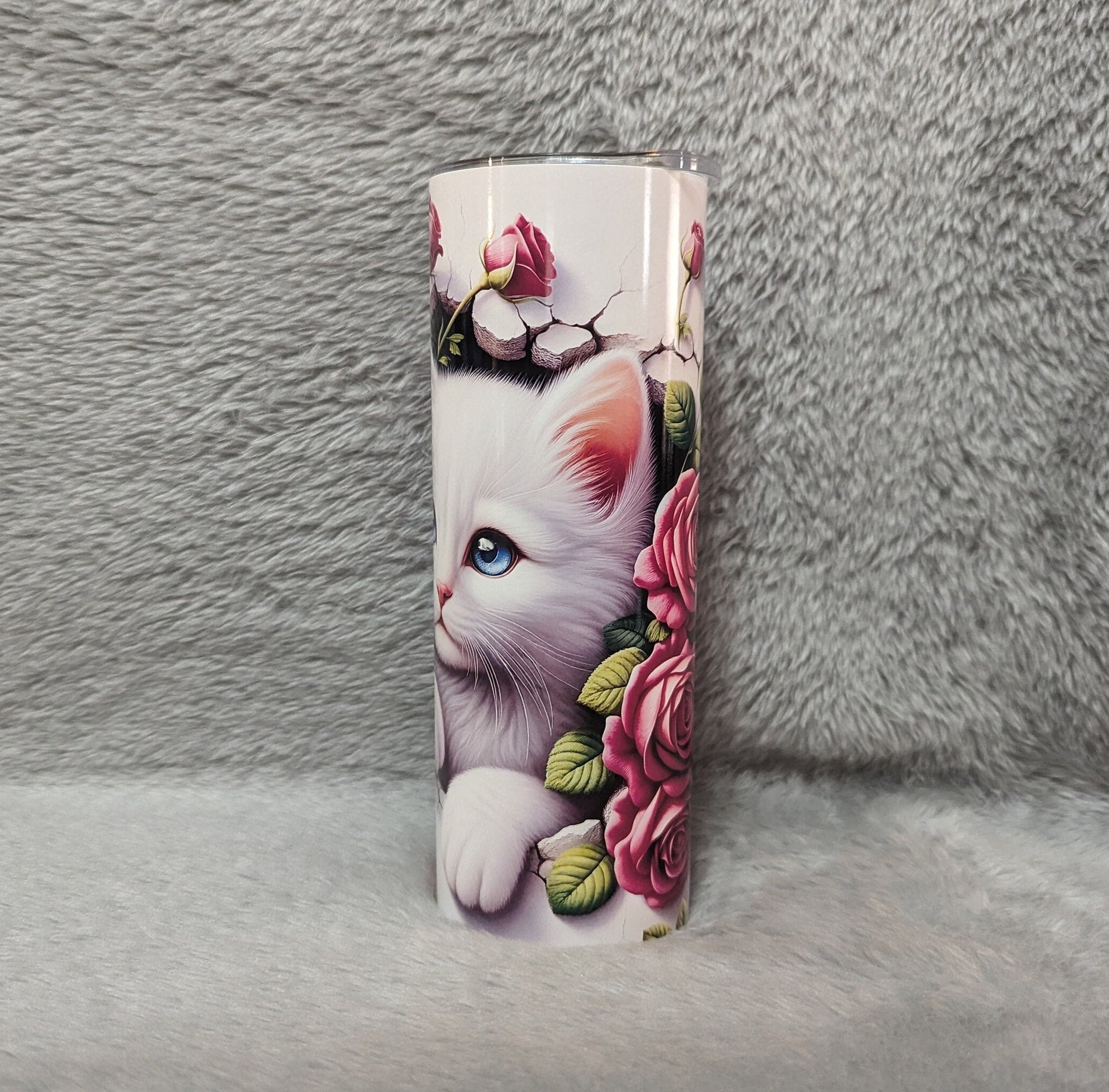 White Kitten Tumbler with Red Roses  20oz With Reusable Straw, Can Be Personalized