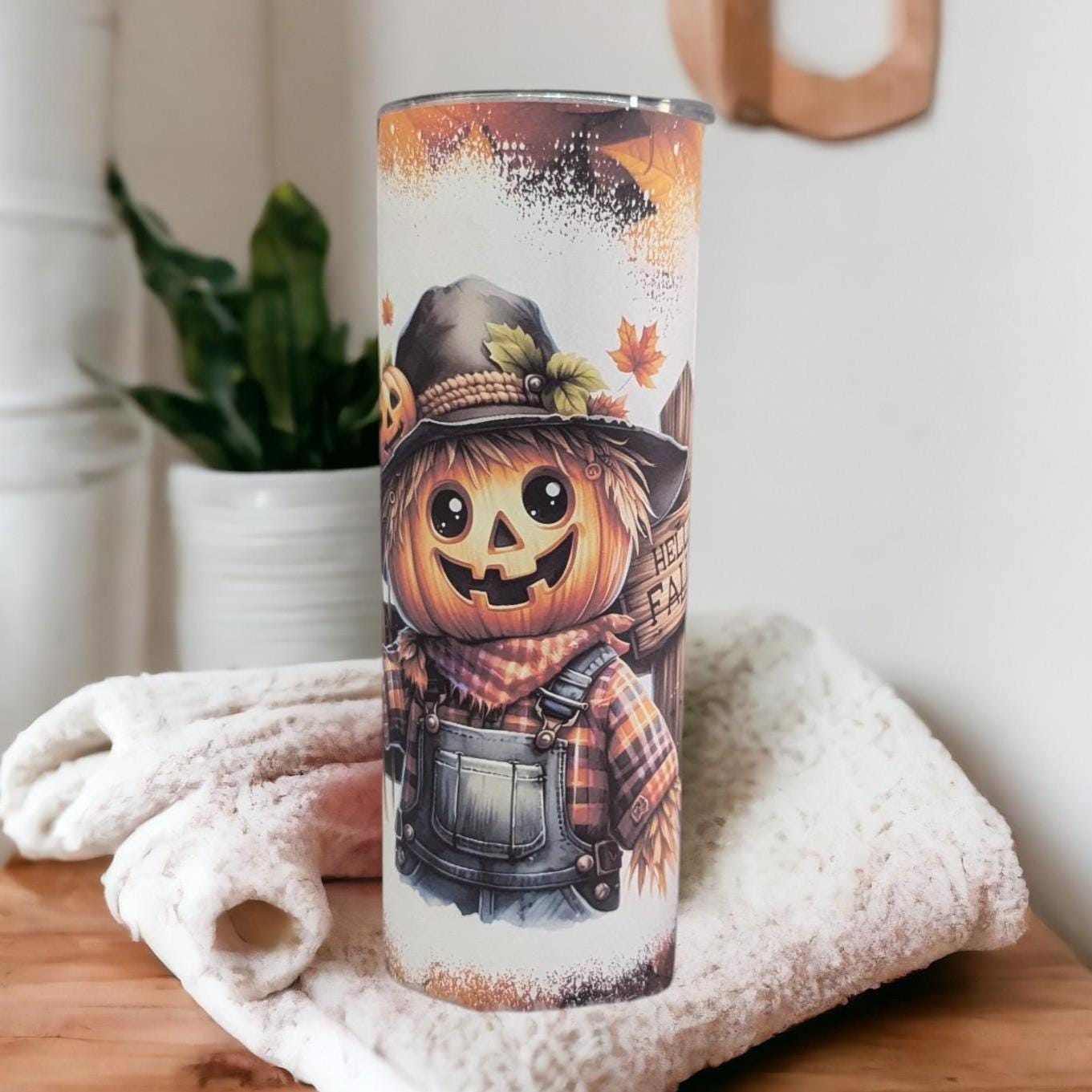 Scarecrow Tumbler With A Hello Fall Sign 20oz With Reusable Straw, Can Be Personalized