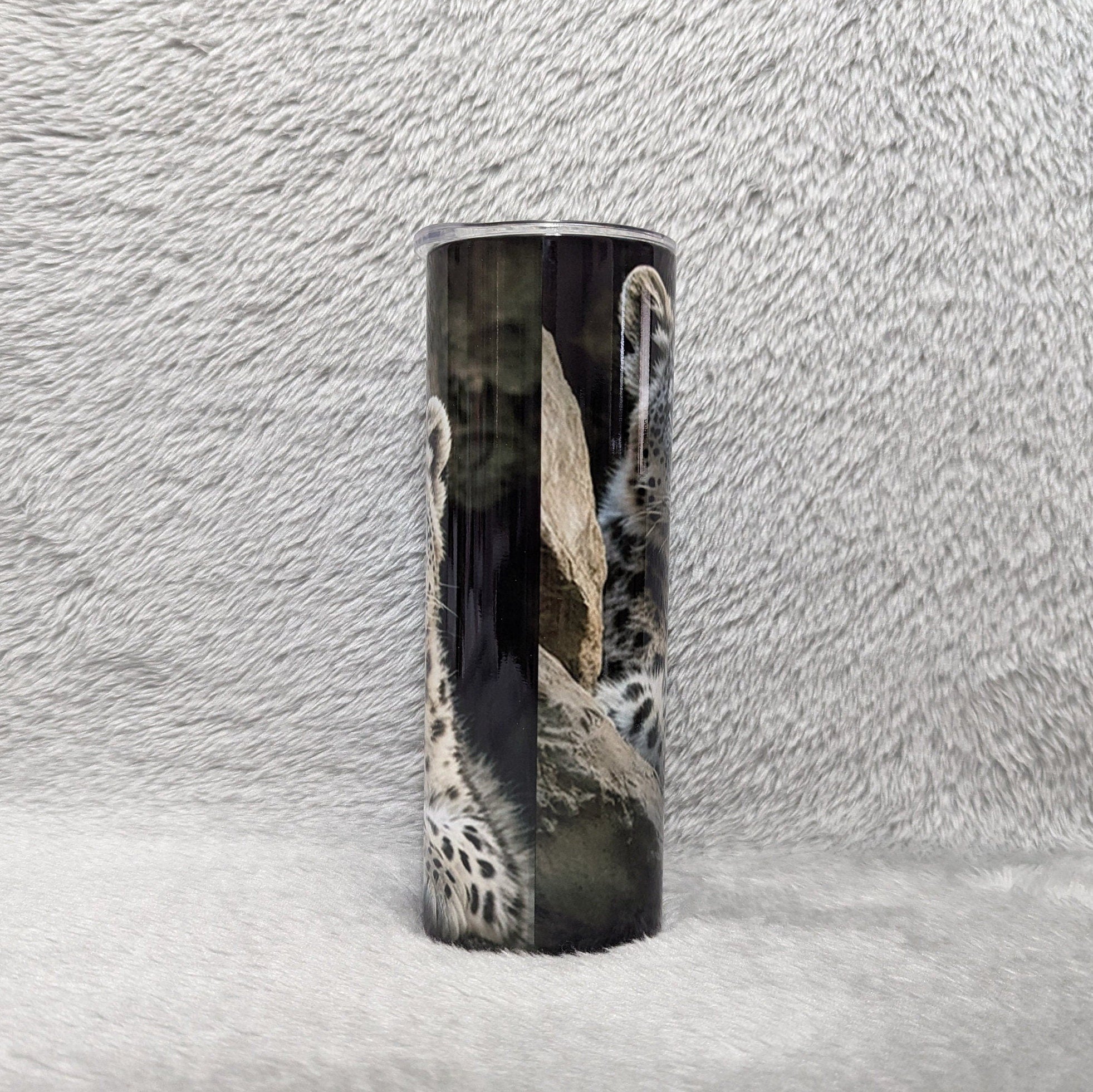 Snow Leopard Tumbler 20oz With Reusable Straw, Can Be Personalized