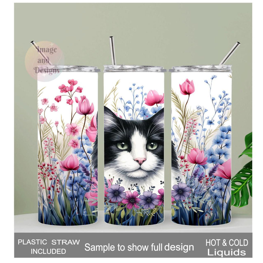 Floral Cat Tumbler 20oz With Reusable Straw, Can Be Personalized