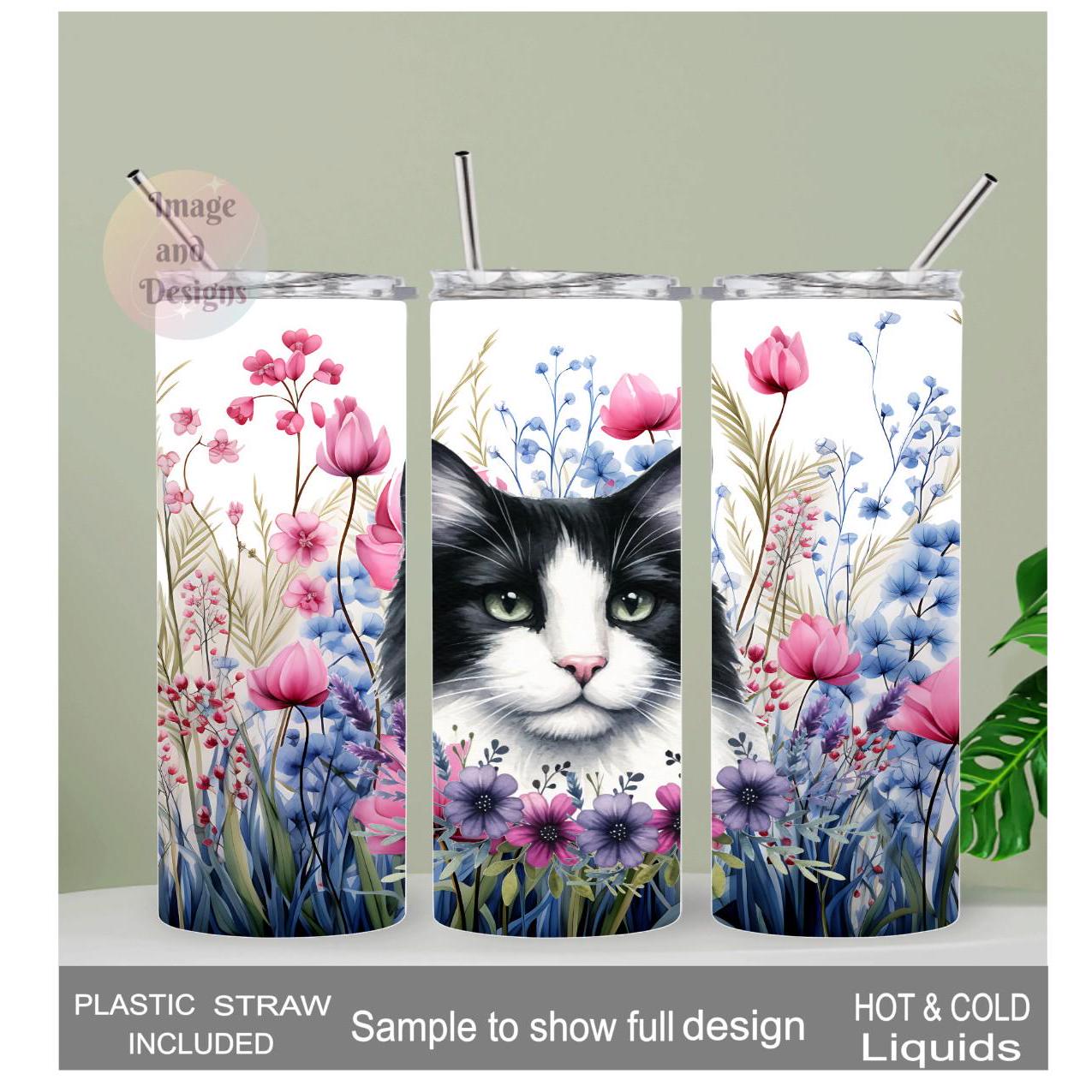 Floral Cat Tumbler 20oz With Reusable Straw, Can Be Personalized
