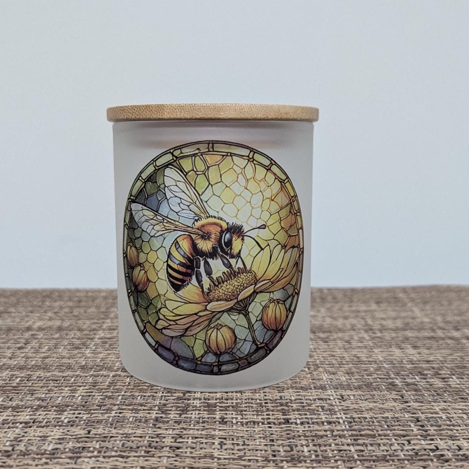 Bee Candle Holder With A Battery Operated Flickering Tea Light and A Stained Glass Design