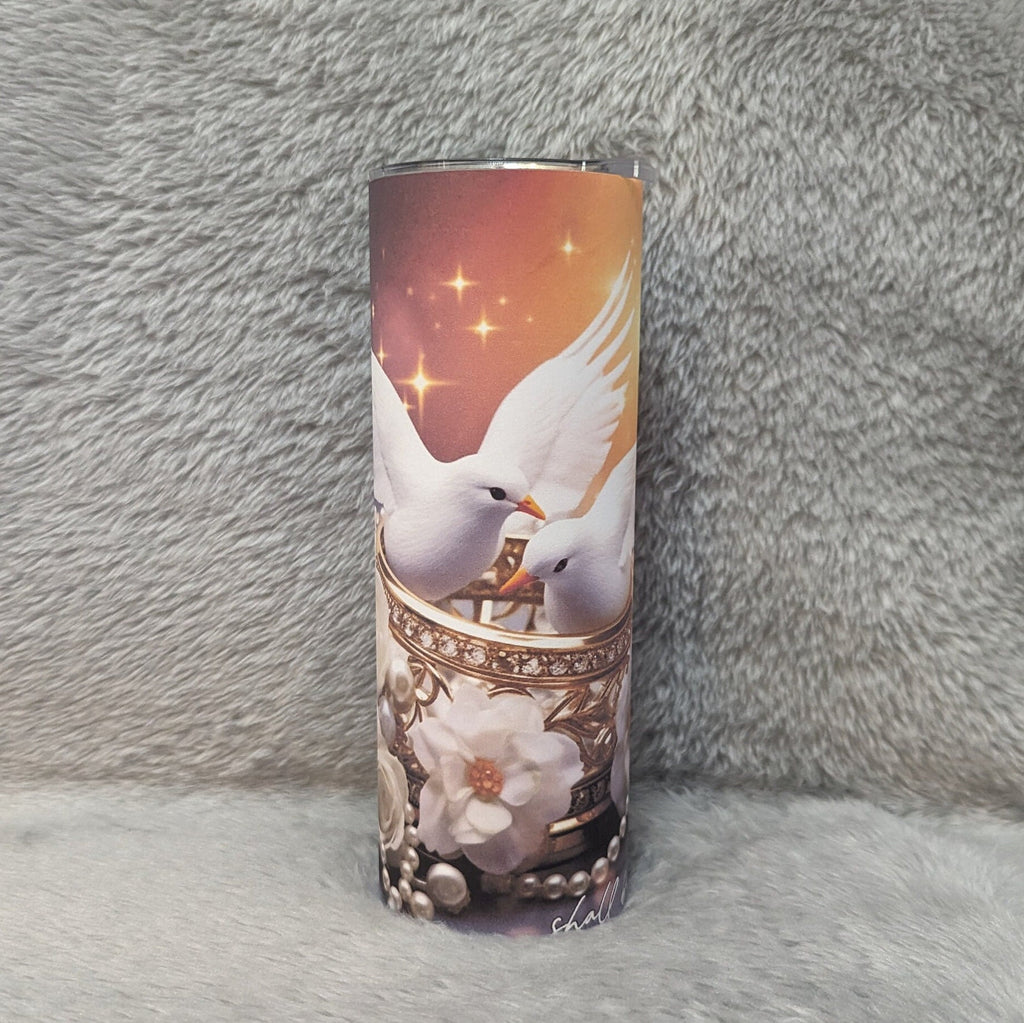 White Doves Wedding Tumbler 20oz With Reusable Straw, Can Be Personalized