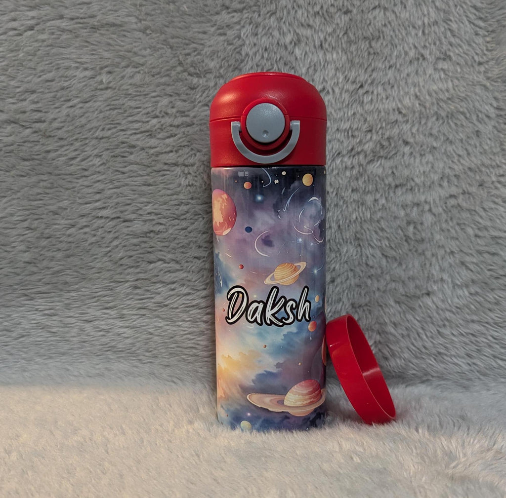 Kids Space Water Bottle With A Planet Design 12oz With Reusable Straw Can Be Personalized