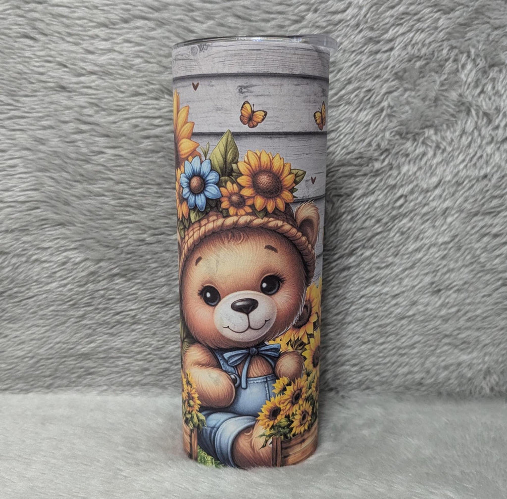 Sunflower Bear Tumbler 20oz With Reusable Straw, Can Be Personalized