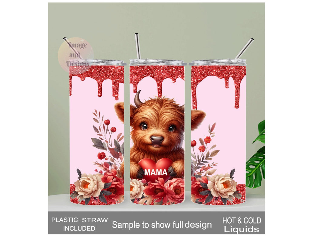 MAMA Highland Cow Tumbler With A Glitter Design 20oz With Reusable Straw, Can Be Personalized