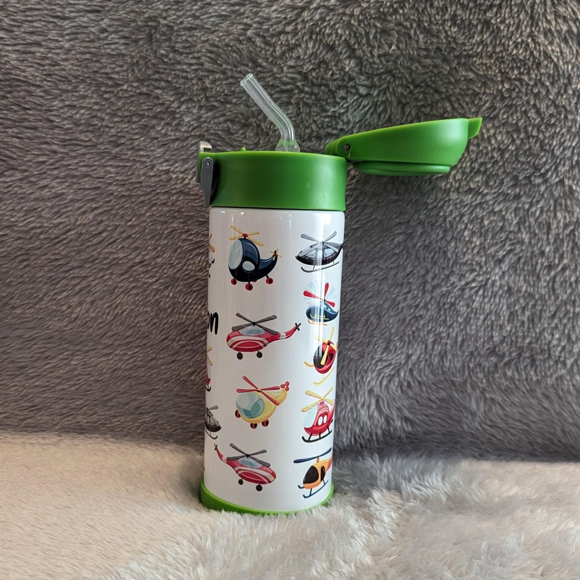 Kids Helicopter Water Bottle 12oz With Reusable Straw, Can Be Personalized