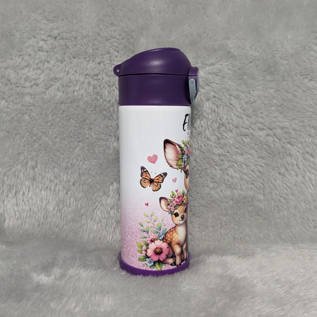 Kids Deer Water Bottle With A Glitter Design 12oz With Reusable Straw, Can Be Personalized