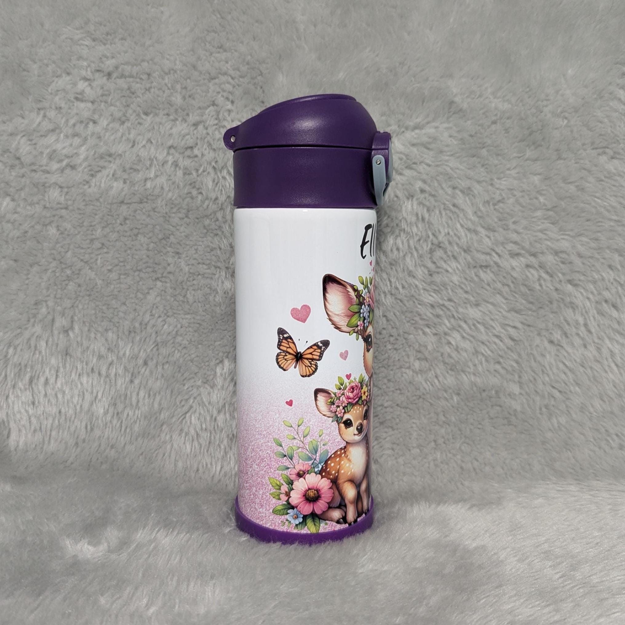 Kids Deer Water Bottle With A Glitter Design 12oz With Reusable Straw, Can Be Personalized