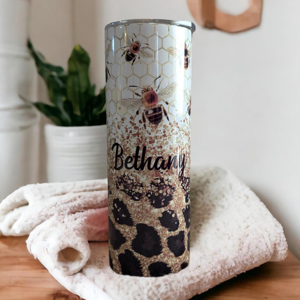 Bee Tumbler With A Glitter and Leopard Print Design 20oz Tumber With Reusable Straw, Can Be Personalized