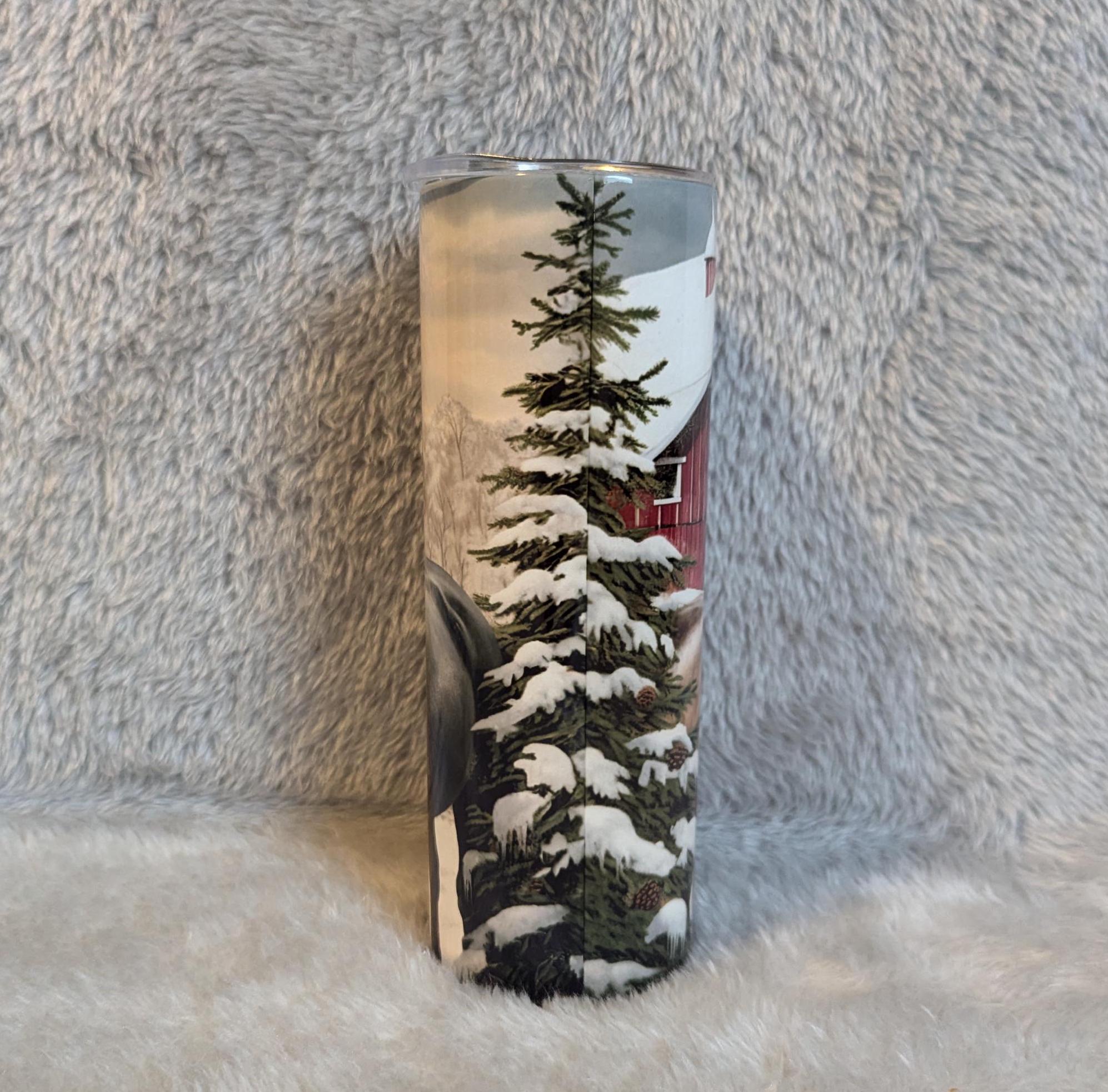 Horse Tumbler with Horses By the Barn and a Snow Scene Background 20oz With Reusable Straw, Can Be Personalized