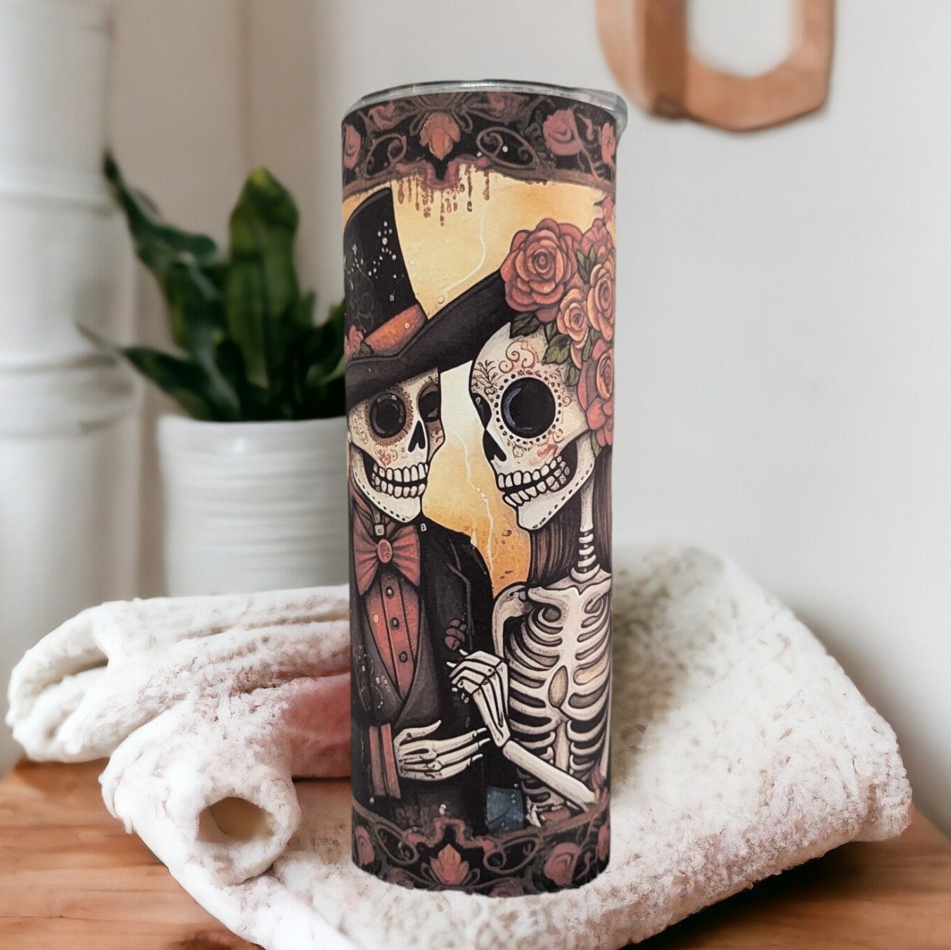 Skeleton Tumbler Featuring a Romantic Skeleton Couple and Flowers 20oz With Reusable Straw, Can Be Personalized