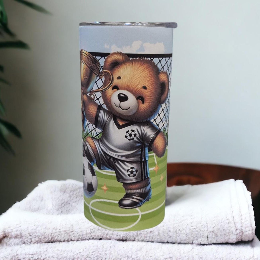 Kids Soccer Bear Tumbler 15oz With Reusable Straw, Can Be Personalized