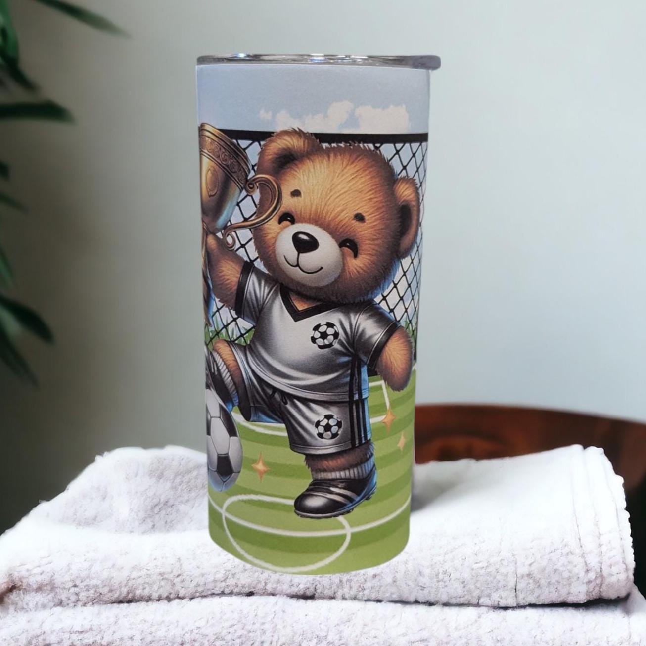Kids Soccer Bear Tumbler 15oz With Reusable Straw, Can Be Personalized