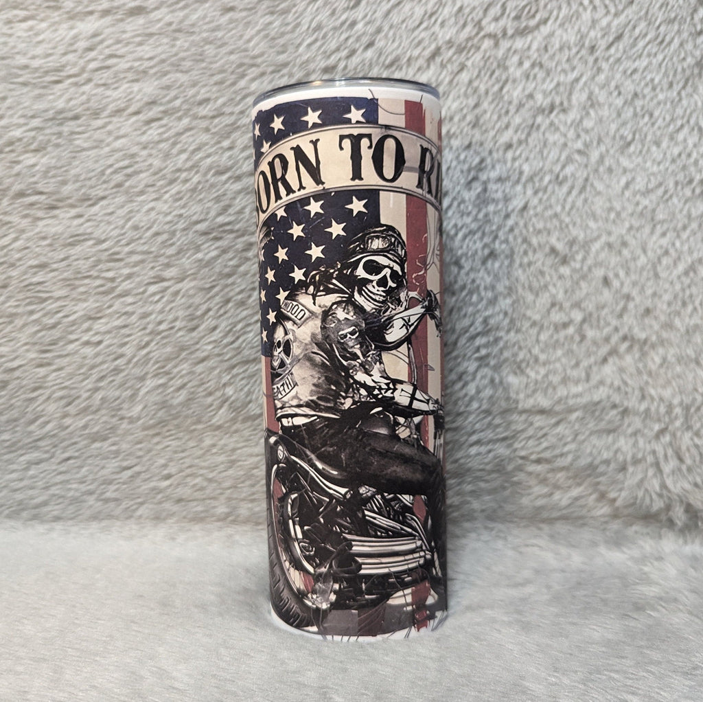 Born To Ride Skeleton Motorcyclist Tumbler 20oz With Reusable Straw, Can Be Personalized
