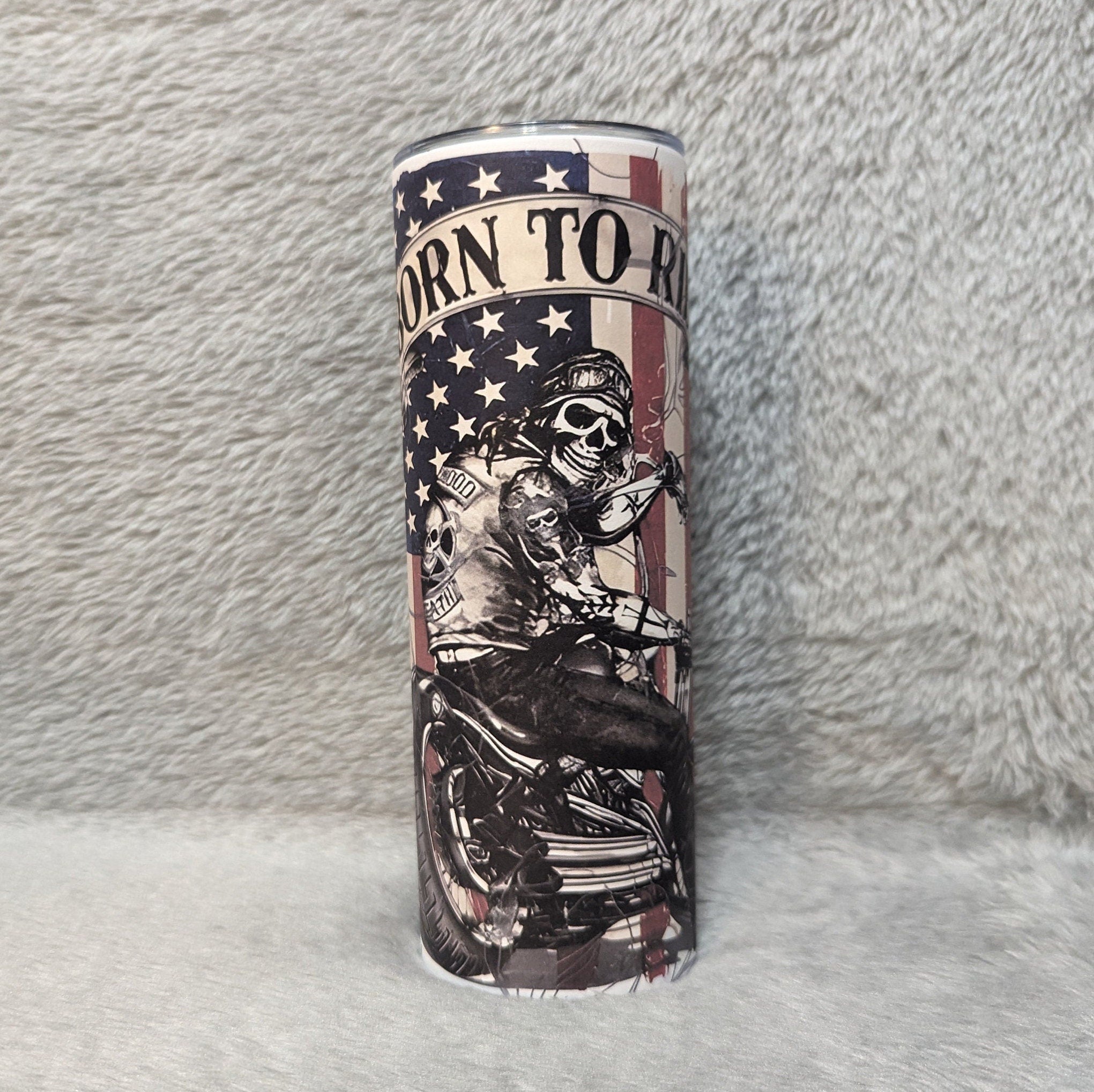 Born To Ride Skeleton Motorcyclist Tumbler 20oz With Reusable Straw, Can Be Personalized