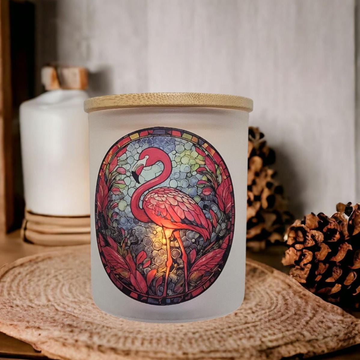 Flamingo Candle Holder With A Stained Glass Design, Includes A Battery Operated Flickering Tea Light