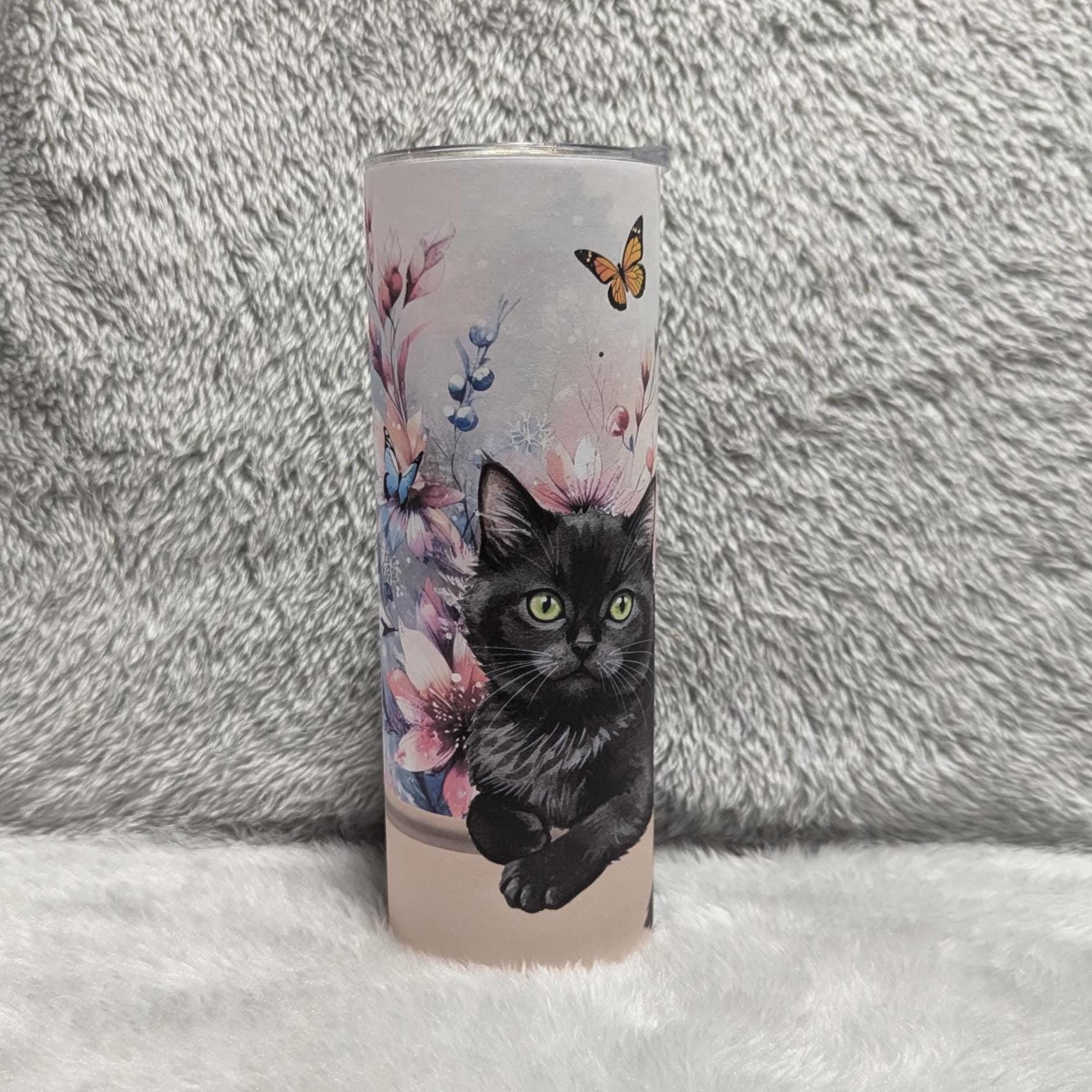 Black Kitten Tumbler 20oz With Reusable Straw, Can Be Personalized