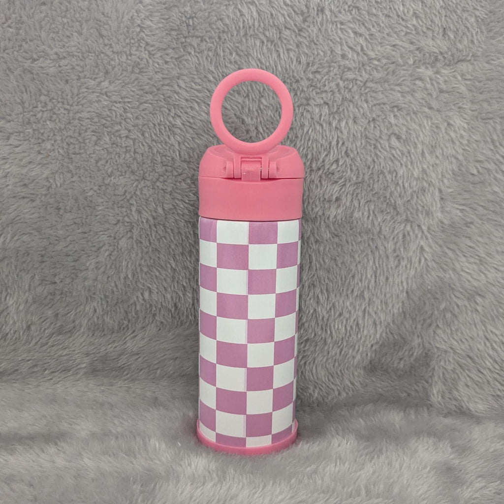 Kids Checkered Water Bottle 12oz With Reusable Straw Can Be Personalized