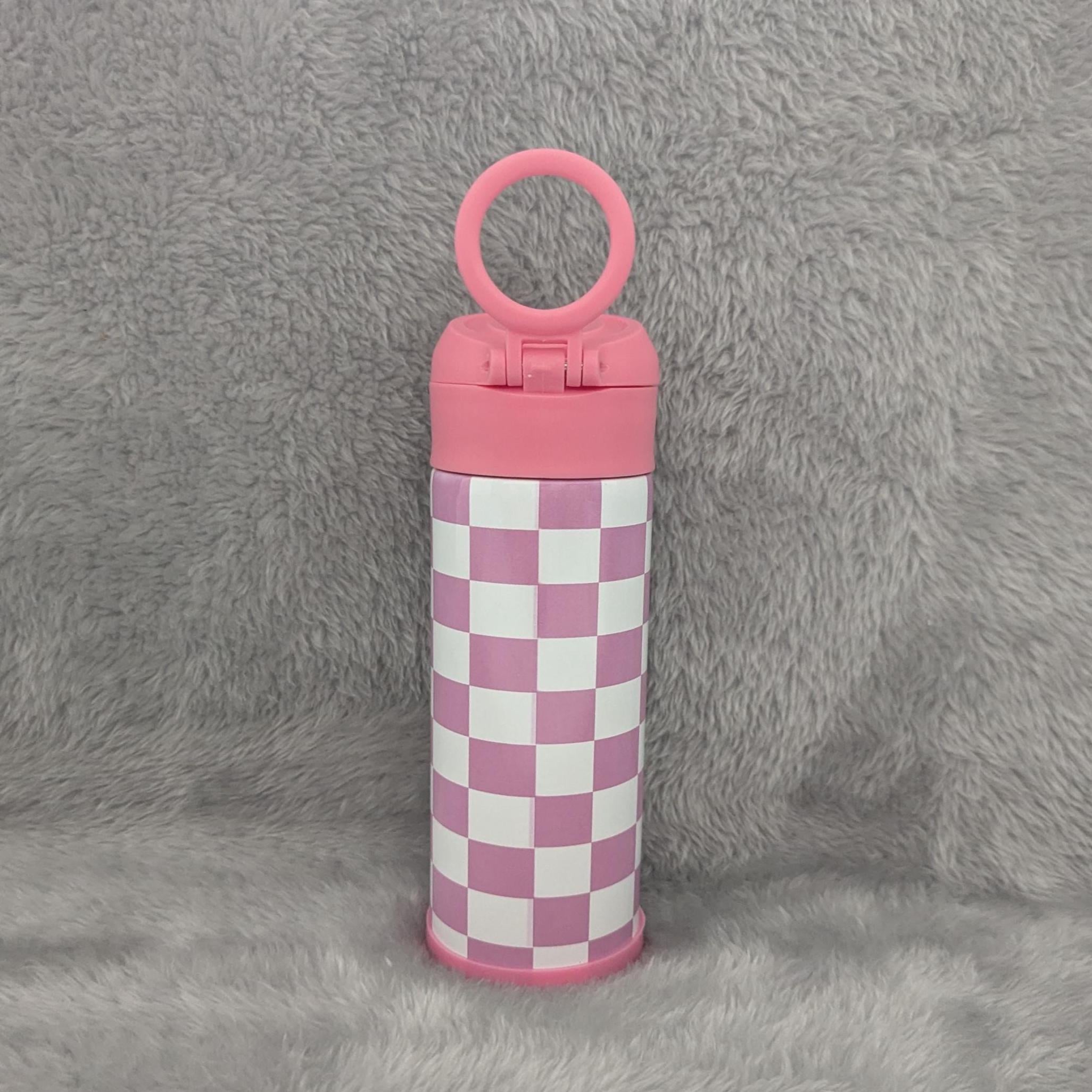 Kids Checkered Water Bottle 12oz With Reusable Straw Can Be Personalized