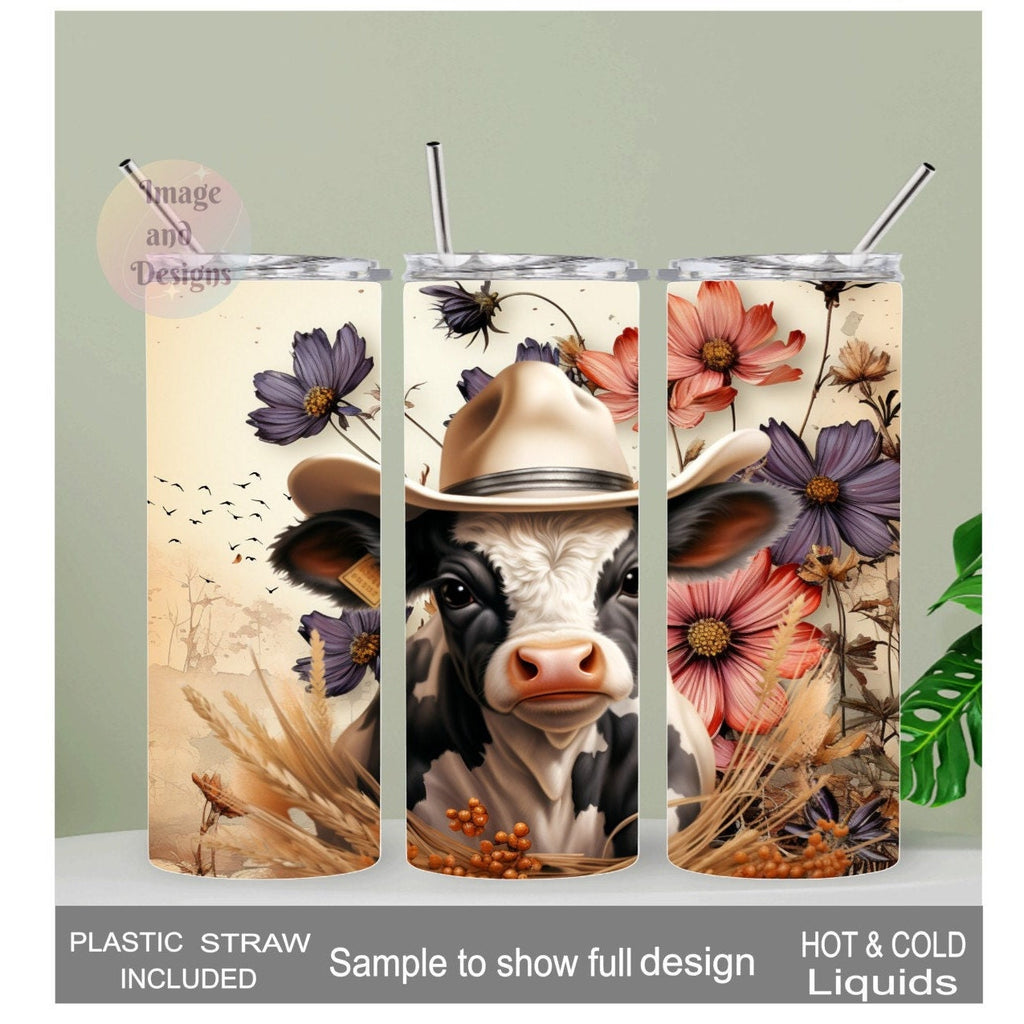 Cow Tumbler with A Cute Cow Wearing A Hat 20oz With Reusable Straw, Can Be Personalized