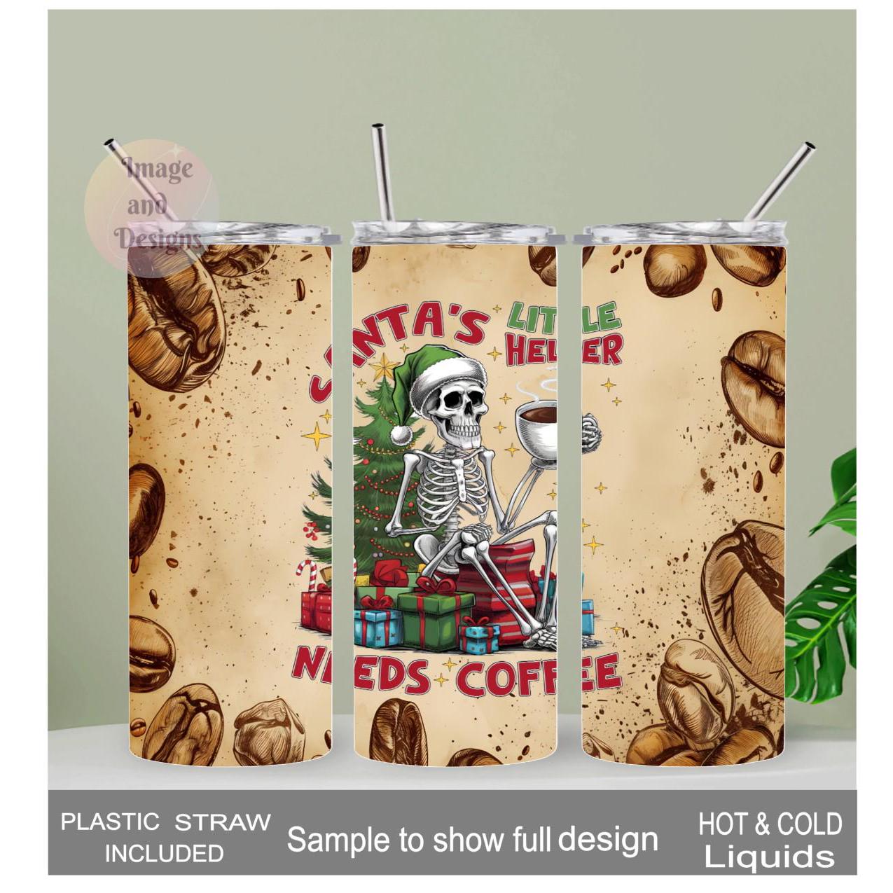 Santa's Little Helper Needs Coffee Skeleton Tumbler 20oz With Reusable Straw
