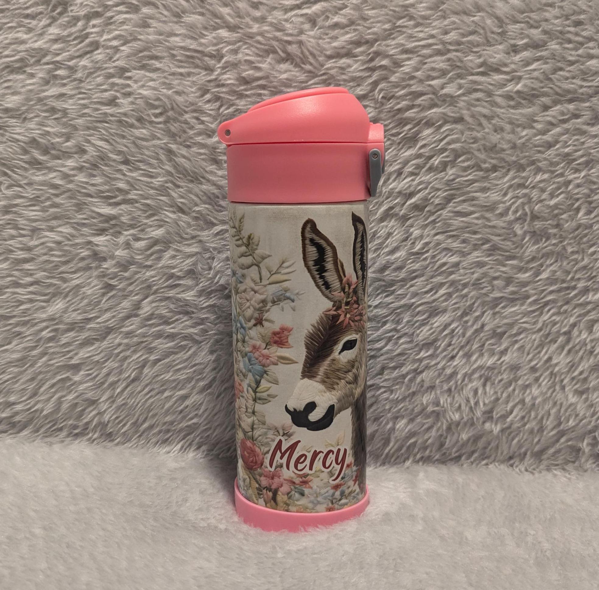 Kids Donkey Water Bottle 12oz With Reusable Straw Can Be Personalized