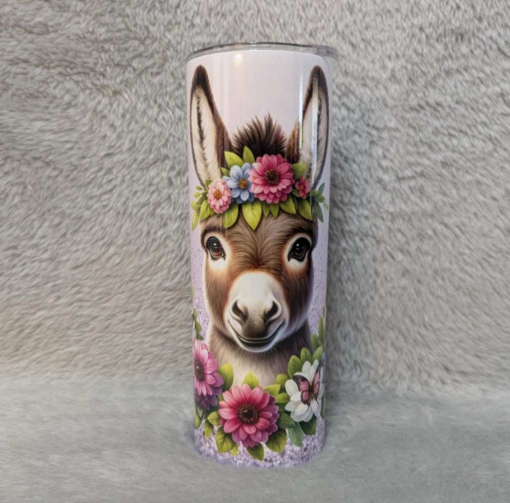 Donkey Tumbler with Flowers and A Glitter Design 20oz Tumber With Reusable Straw, Can Be Personalized