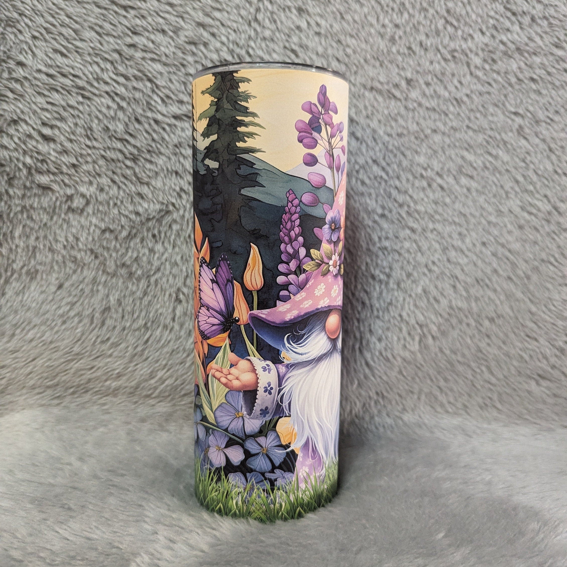 Lavender Flower Gnome Tumbler 20oz With Reusable Straw, Can Be Personalized
