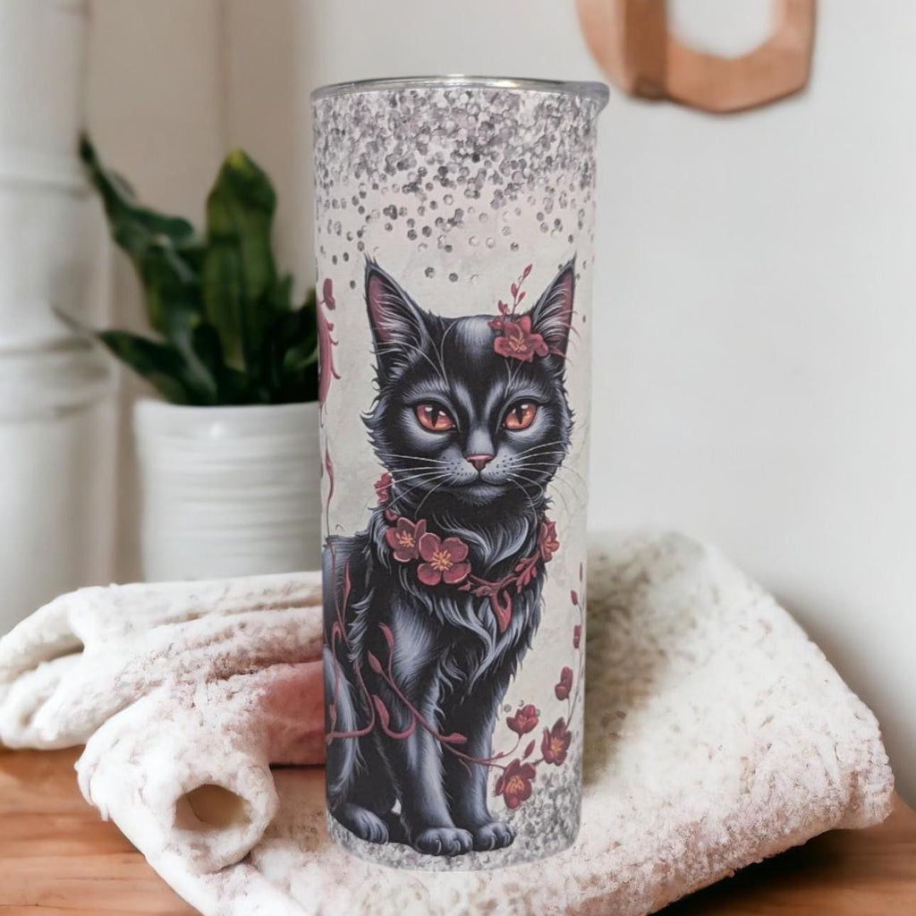 Black Cat Tumbler With A Glitter Design 20oz With Reusable Straw, Can Be Personalized